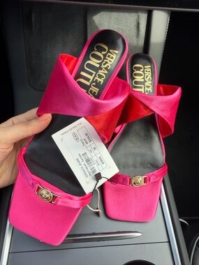 Versace Jeans Collection Hot Pink Satin Slide Mules with Gold Medallion